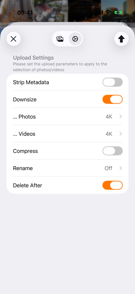 Piwigo - Menu des paramètres de téléchargement de l'application Piwigo montrant les options pour supprimer les métadonnées, réduire les images à 4K et supprimer les fichiers après le téléchargement.