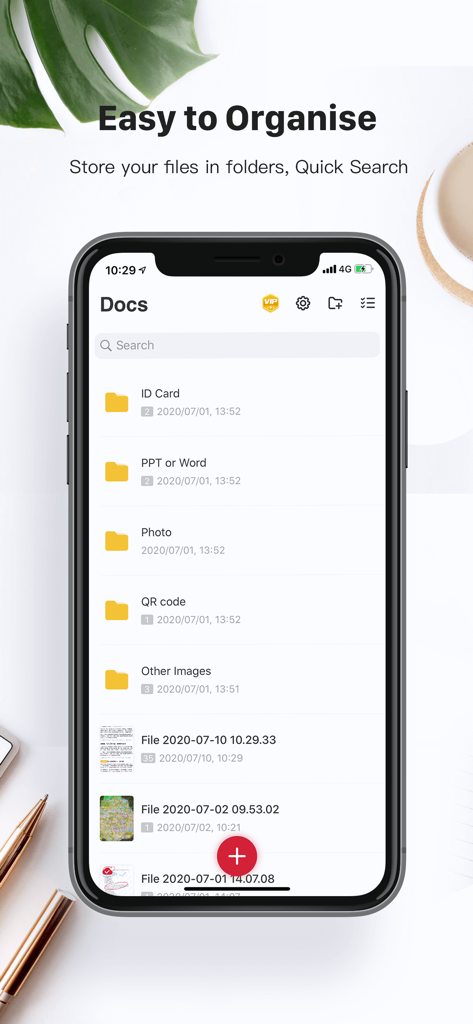 ScannerHD Pro - PDF Scan - ScannerHD Pro app interface showing organized folders for ID cards and photos with a search bar.