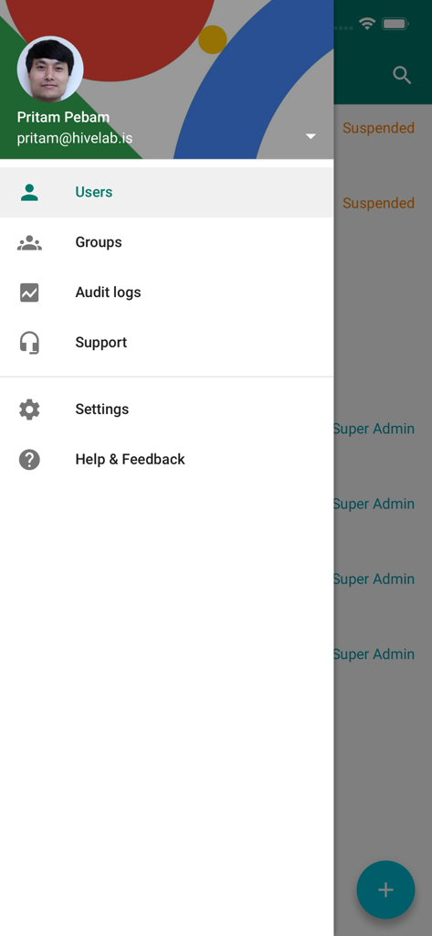 Google Admin app sidebar menu with user and group management options