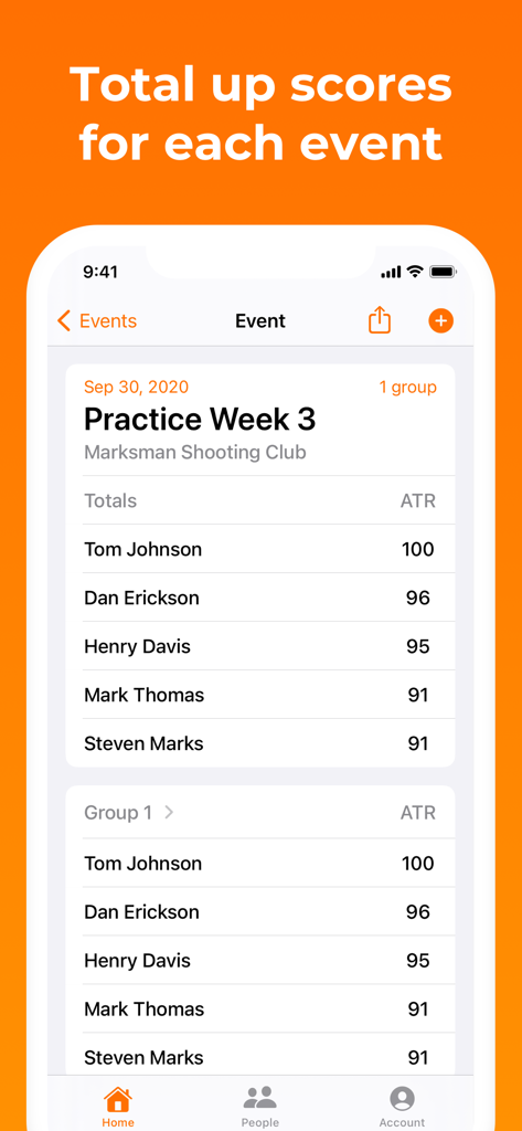 HotClays Trap Skeet & Sporting - HotClays app interface showing a list of shooters and their scores for a practice event