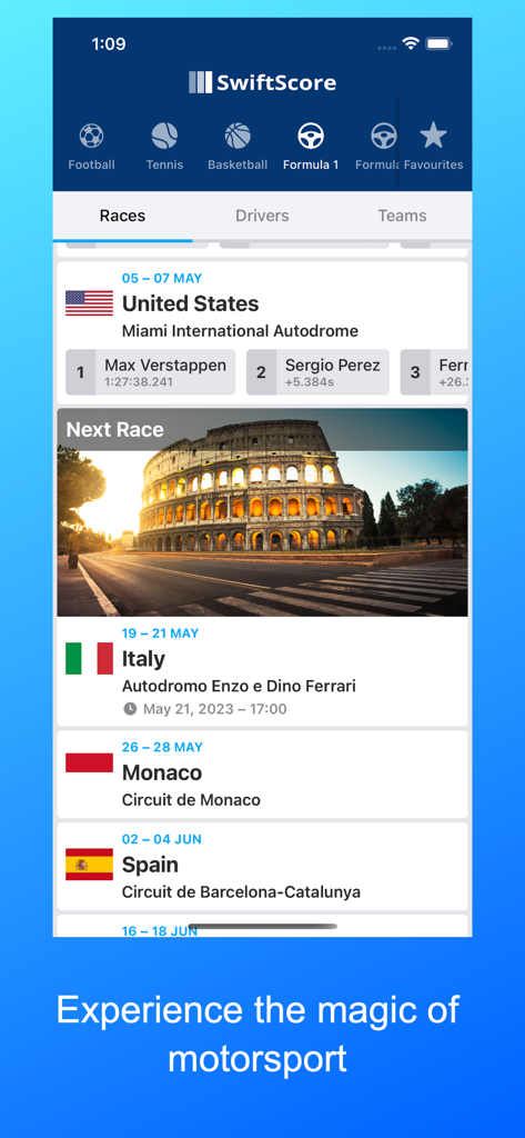SwiftScore - Sports LiveScores - SwiftScore app screen displaying Formula 1 race results and the upcoming motorsports schedule