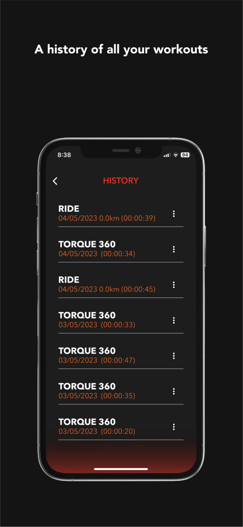 ROTOR Power - ROTOR Power app workout history log showing ride data and pedaling analysis sessions