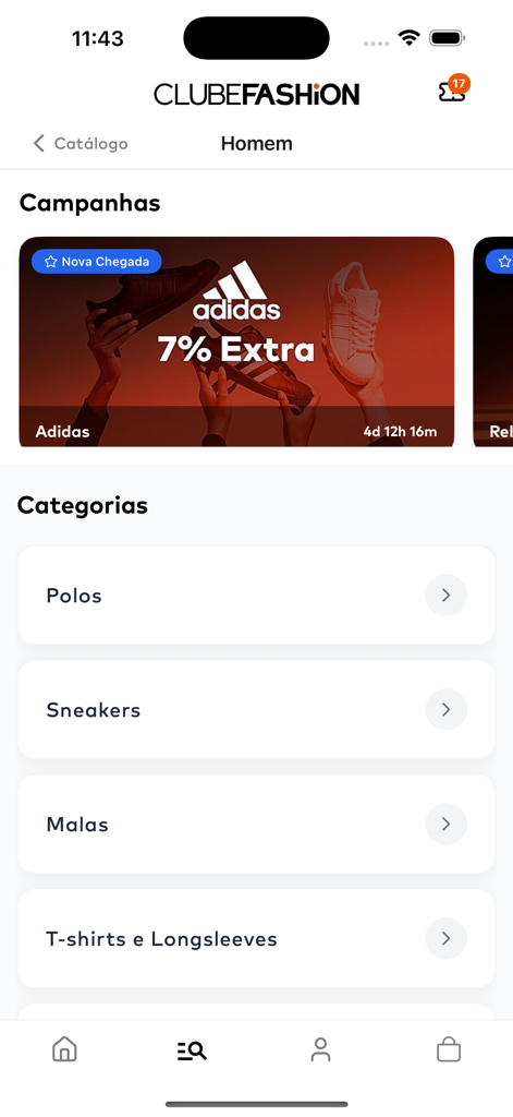 Interfaz de la app Clubefashion que muestra categorías de moda masculina y un banner de venta flash de Adidas