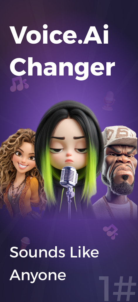 Voice FX: AI Voice Changer - Voice FX AI Voice Changer app displaying celebrity style cartoon avatars