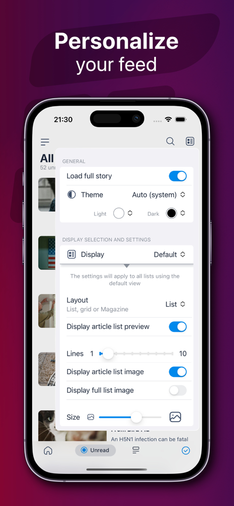 Cupfeed : News & RSS reader - A smartphone screen displaying the personalization settings of the Cupfeed app to customize the news feed layout and theme.
