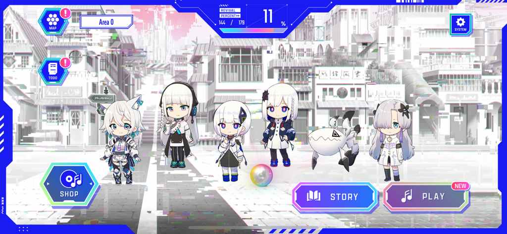 KAMITSUBAKI CITY ENSEMBLE - Main menu screen of KAMITSUBAKI CITY ENSEMBLE featuring five chibi anime characters in a futuristic urban setting