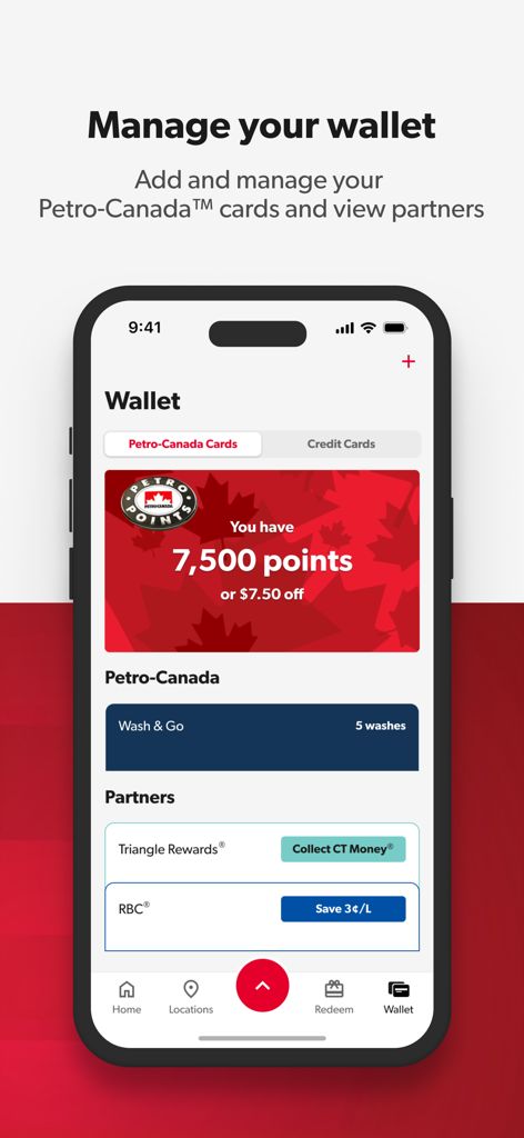 Petro-Canada mobile app digital wallet showing Petro-Points balance and partner rewards