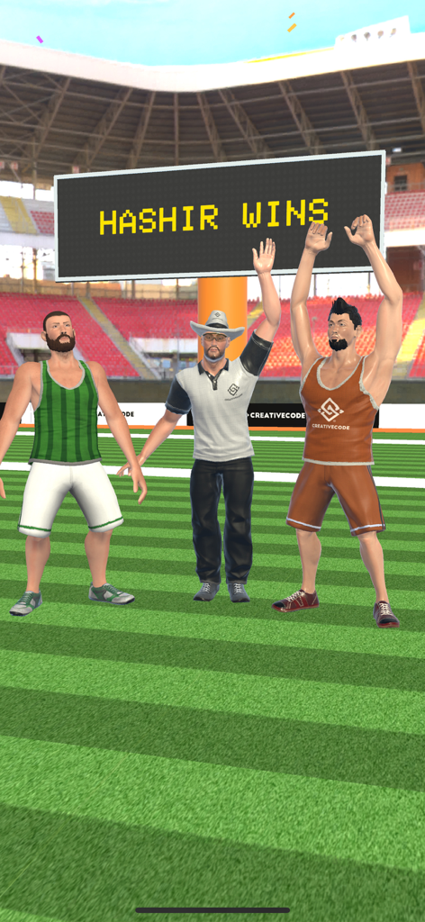 Javelin Clash: Spear Master - A victory screen in Javelin Clash Spear Master showing a scoreboard that says Hashir Wins and three character models in a sports stadium.