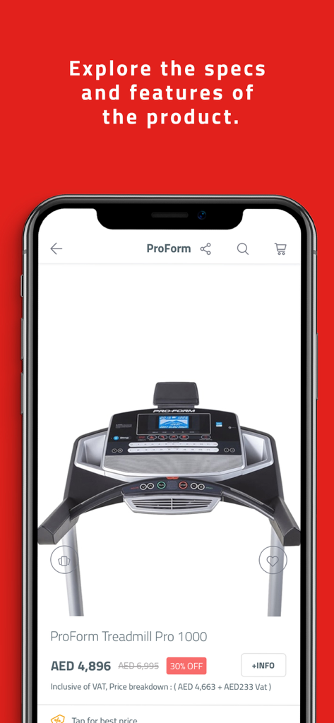 Active Fitness Store - Product page for a ProForm treadmill on the Active Fitness Store app showing pricing and discount information