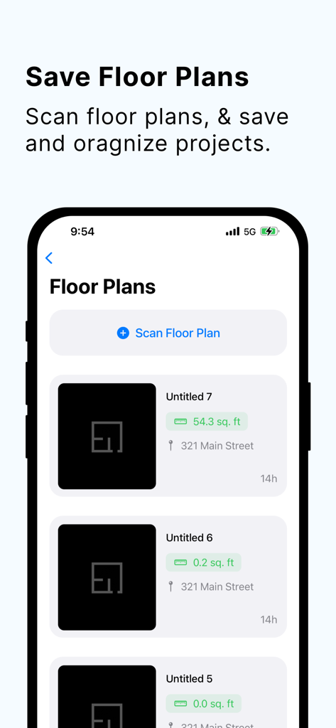 iPhone画面上の測定値が表示された保存済み間取り図プロジェクトのリストを示すFloorplansアプリのインターフェイス
