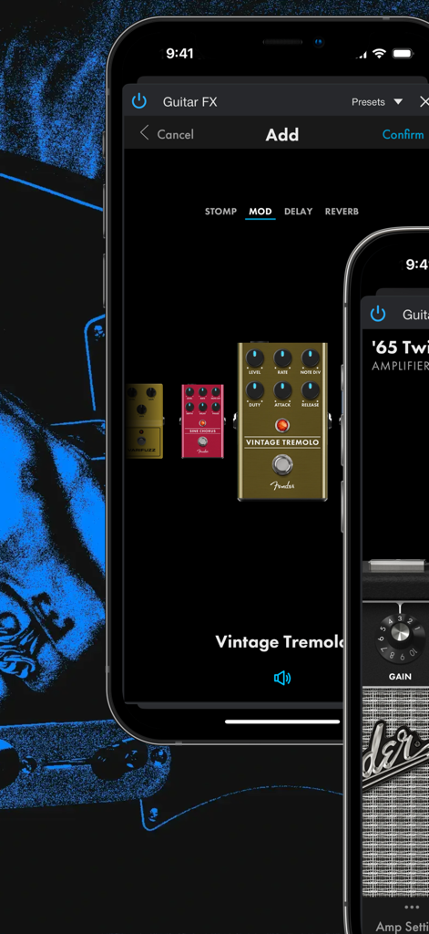 Fender Studio: Jam & Record - Fender Studio app interface showing guitar modulation effects and Vintage Tremolo pedal.