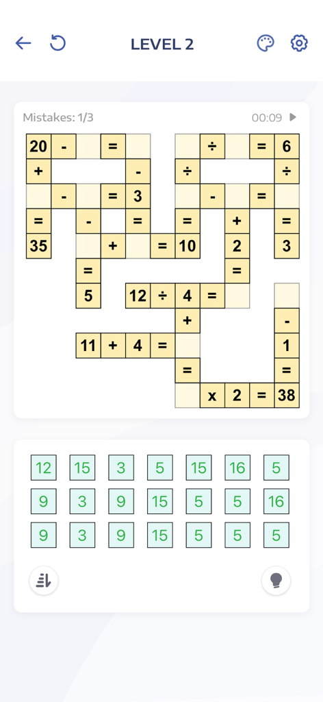 A gameplay screenshot of the Crossmath mobile app showing a math-based crossword puzzle grid with numbers and arithmetic operators.