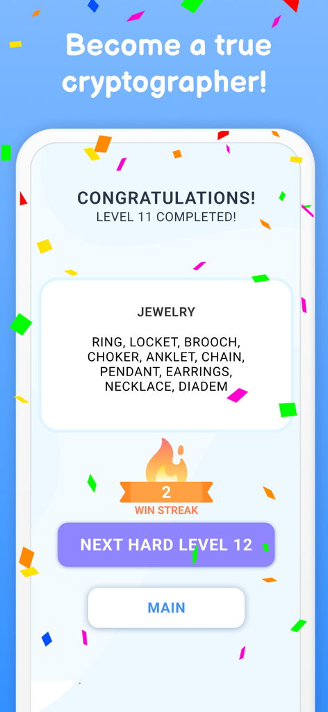 Schermata di completamento del livello del gioco Cipher Master che mostra parole risolte della categoria gioielli e la serie di vittorie