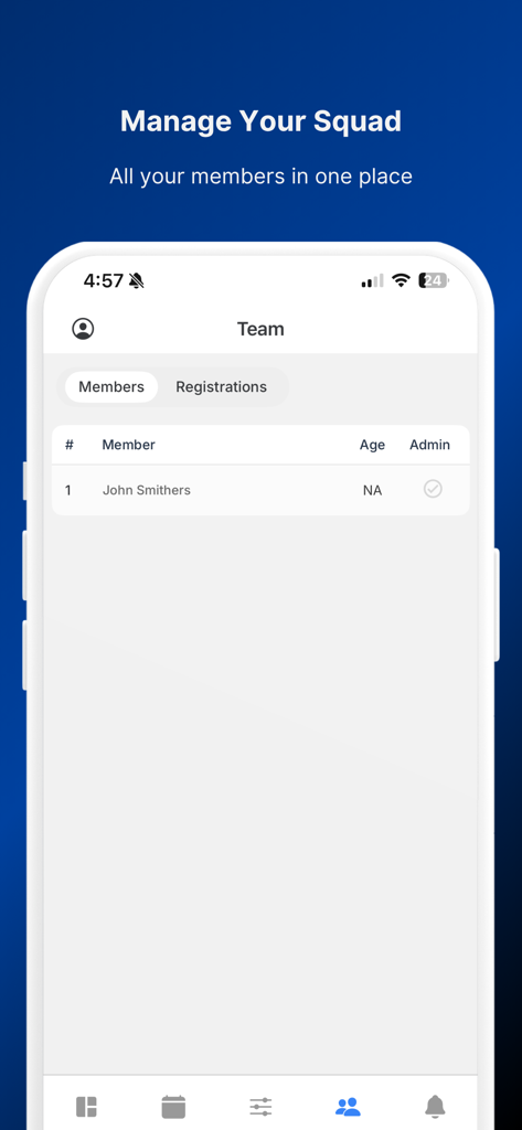MySport - MySport app interface showing a list of team members and squad management options.