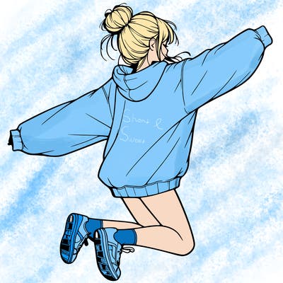 realistic girl jumping with a bun and oversized sweatshirt