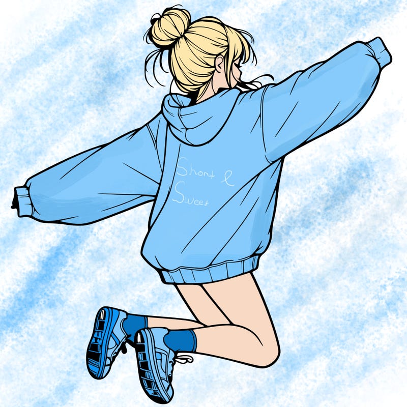 realistic girl jumping with a bun and oversized sweatshirt