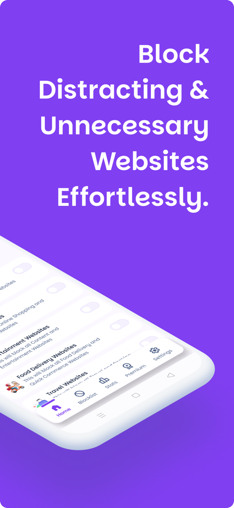 Interface of Website Blocker app showing categories for blocking distracting and unnecessary websites.