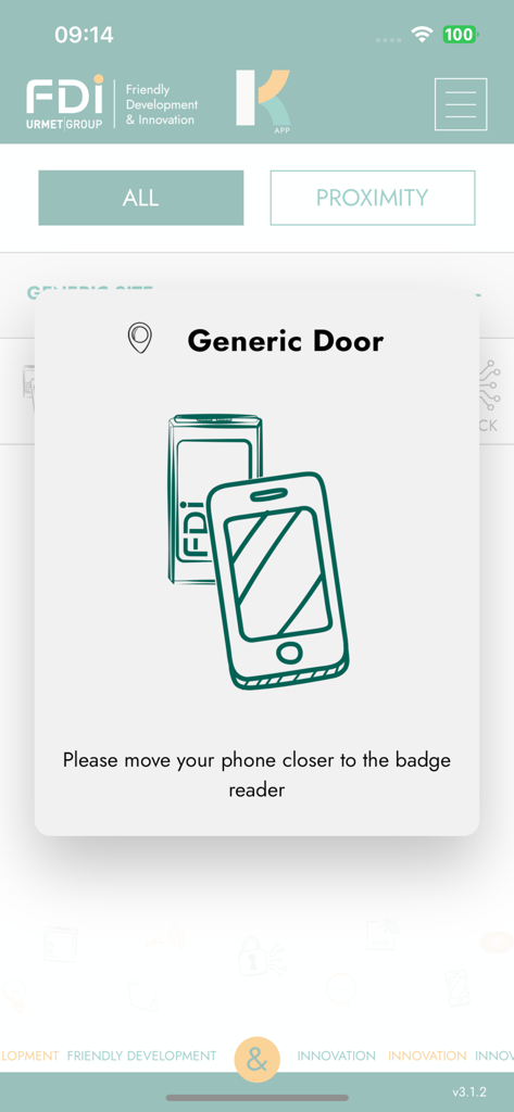 Interface of the K-App showing a notification to move the phone closer to the FDI badge reader to unlock a generic door.
