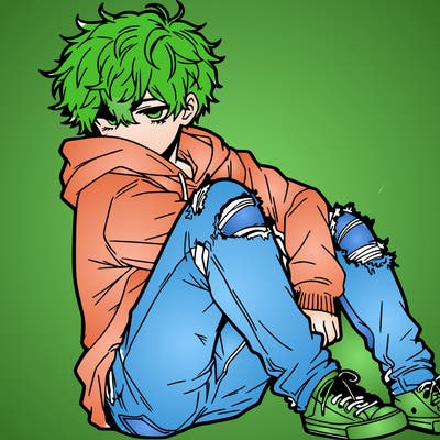 a male hoddie ripped jeans messy hair anime