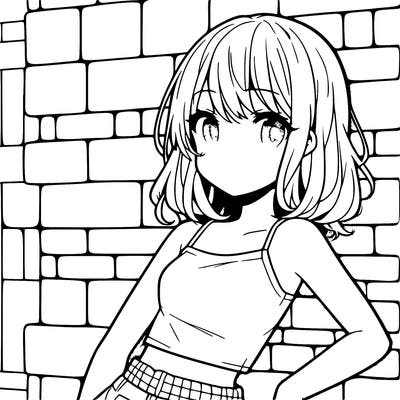 pretty anime girl with crop top pressing against brick wall