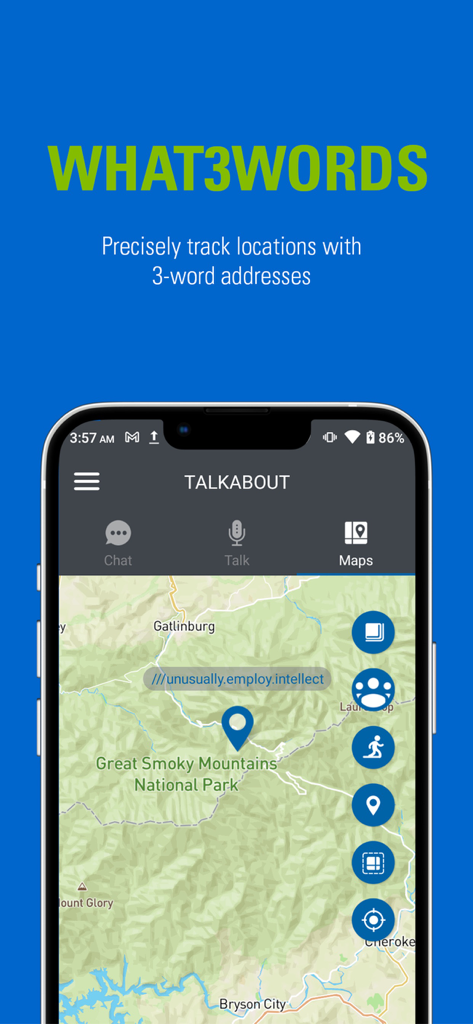 Motorola Talkabout app interface showing off-grid location tracking using what3words on a topographic map of Great Smoky Mountains National Park