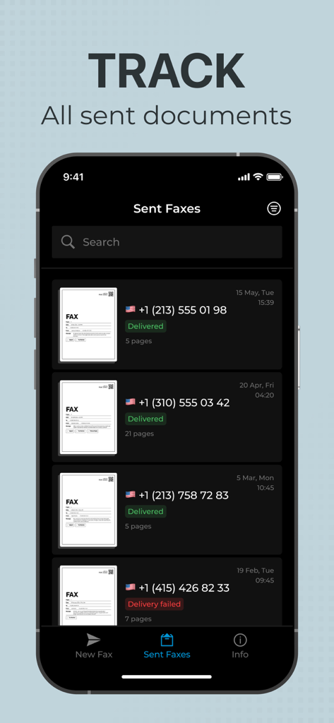 Interfaz de la aplicación móvil que muestra una lista de faxes enviados con estado de entrega y detalles del documento