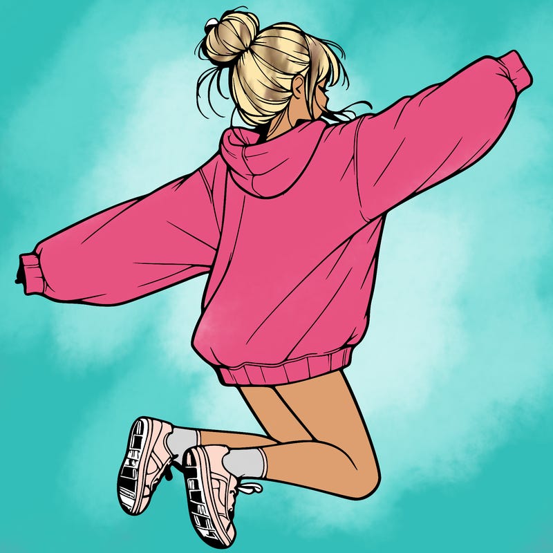 realistic girl jumping with a bun and oversized sweatshirt