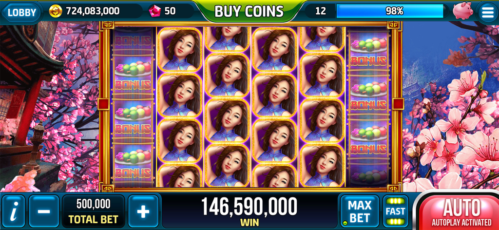 A mobile slot machine game screen showing a big win with an Asian aesthetic and cherry blossoms