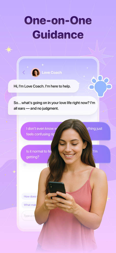 若い女性がKissLifeアプリのチャットインターフェースを使って、1対1の人間関係コーチングと恋愛のアドバイスを受けています。