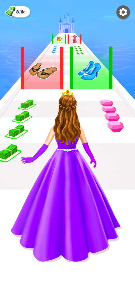 Princess Dress up Wedding Game - 紫色のガウンを着たプリンセスがトラックを走り、メイクオーバーレースでファッションアイテムの間で選択している。