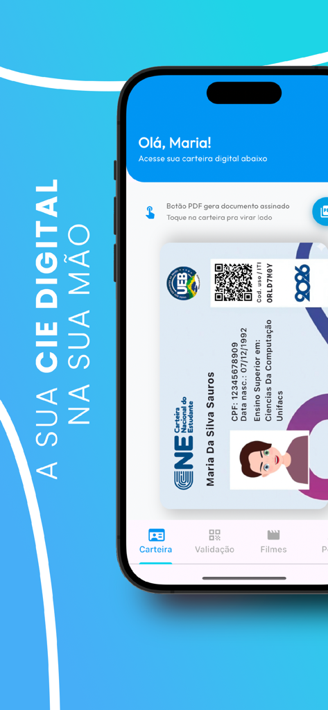 PagMeia - A digital student ID card displayed within the PagMeia app interface on a smartphone.