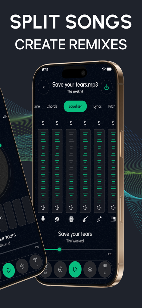 Interfaz de la aplicación Stem Splitter que muestra controles multipista para aislar voces e instrumentos de una canción.