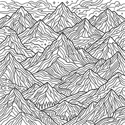 Dive into the breathtaking beauty of nature with this intricate mountain range coloring template. Its detailed patterns and geological contours promise a relaxing and rewarding coloring experience for all skill levels.
