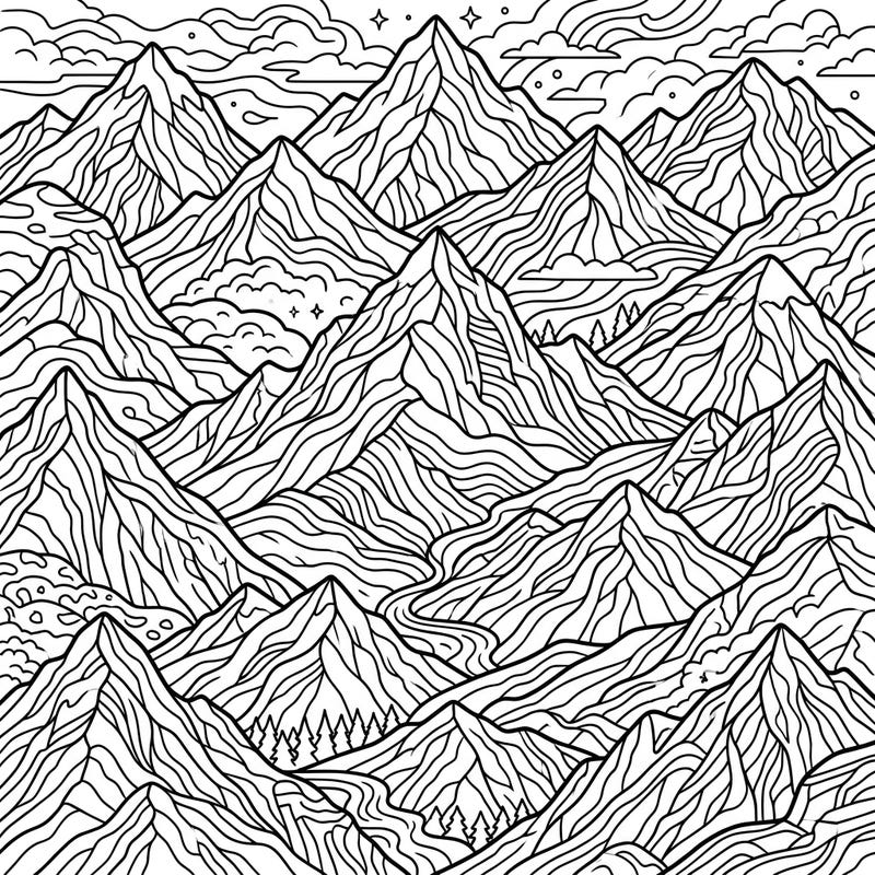 Dive into the breathtaking beauty of nature with this intricate mountain range coloring template. Its detailed patterns and geological contours promise a relaxing and rewarding coloring experience for all skill levels.