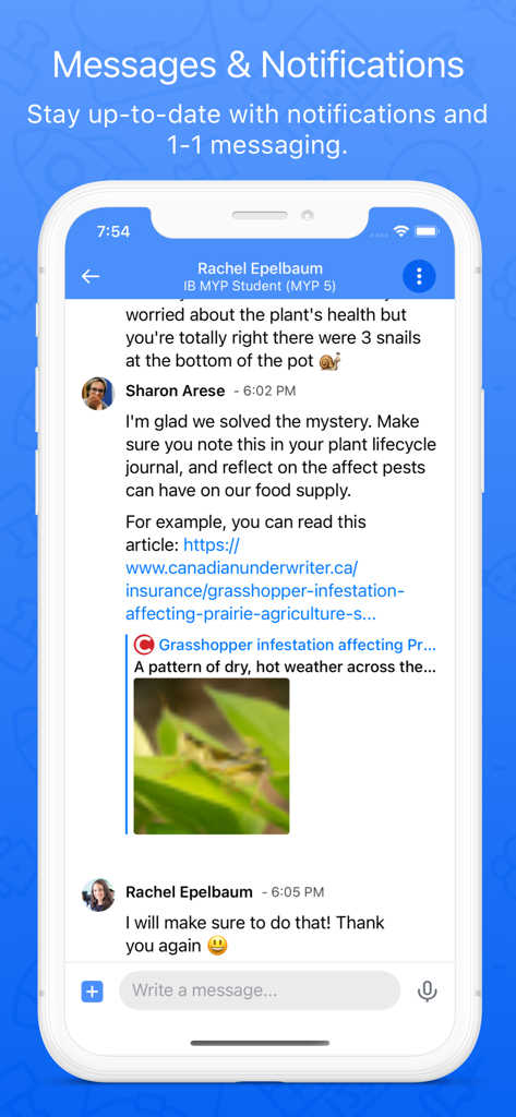 ManageBac in-app 1-on-1 messaging screen between a teacher and an IB student