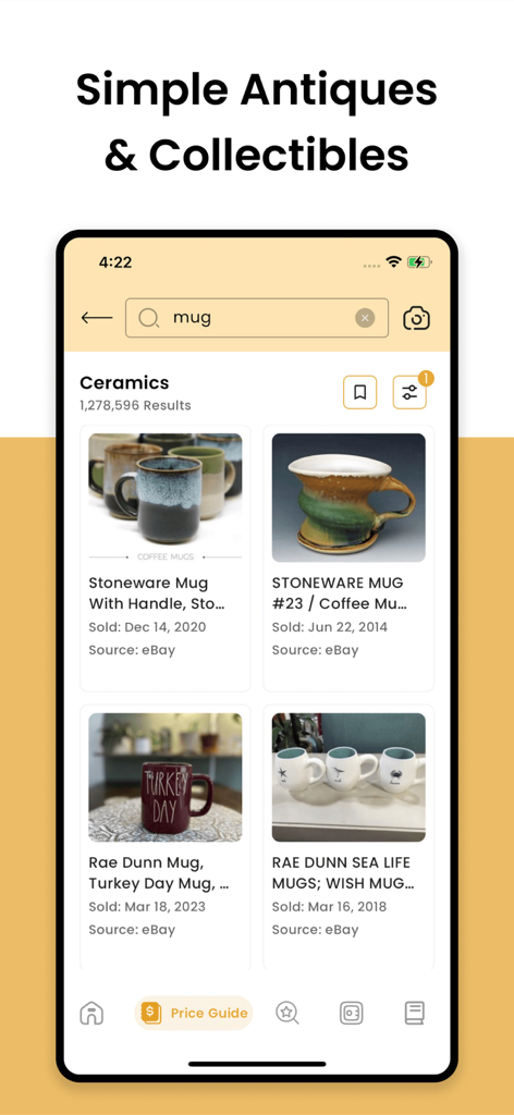 WorthPoint app showing ceramic mug search results with historical sold prices and dates