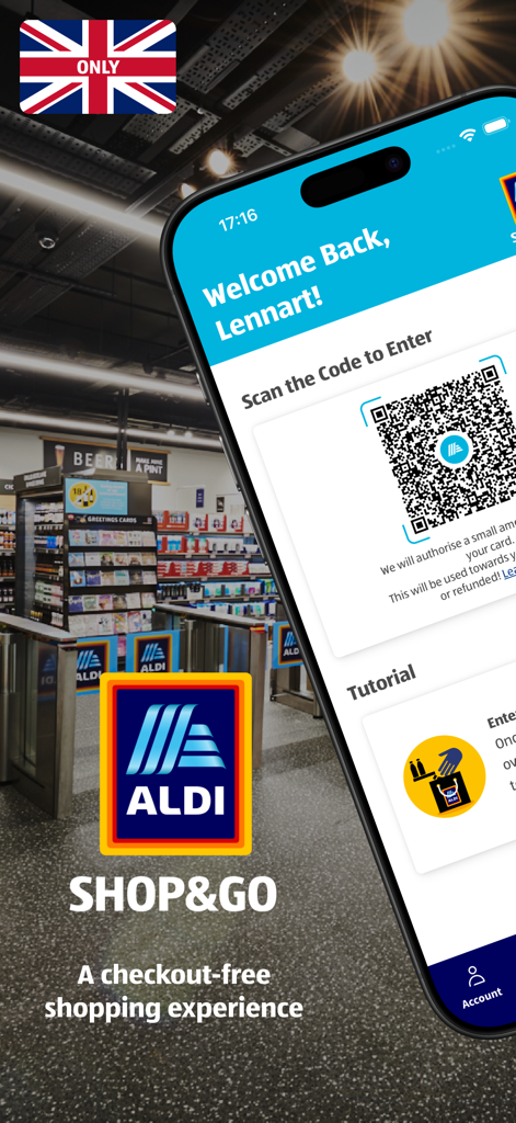 A smartphone displaying the ALDI SHOP AND GO app with a QR code for entering a checkout-free store
