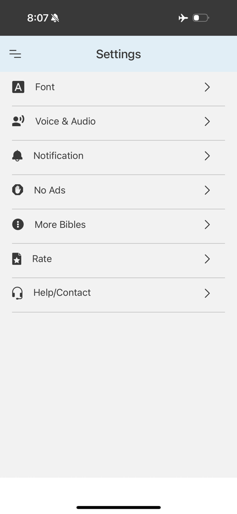 Alkitab Indonesian Bible - Settings menu of the Alkitab Indonesian Bible app displaying options for font, voice and audio, notifications, and ad removal.