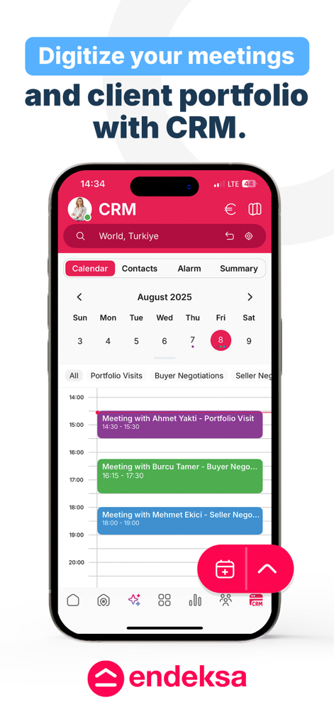 Interface CRM de l'application immobilière Endeksa montrant un calendrier de réunions pour les agents.