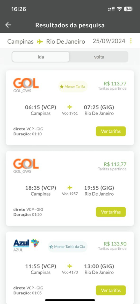 Tela de resultados de busca de voos do aplicativo Lemontech para uma viagem de negócios entre Campinas e Rio de Janeiro