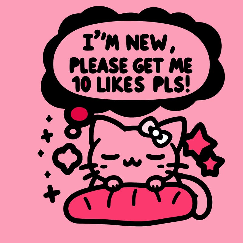 kitty taking a nap dream talking and saying "i'm new, please get me at least 10 likes pls!!"