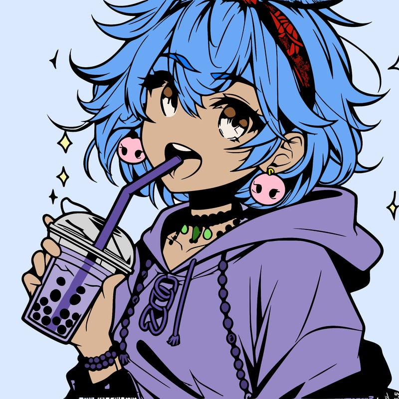 hot baddie anime girl drinking boba and biting the straw