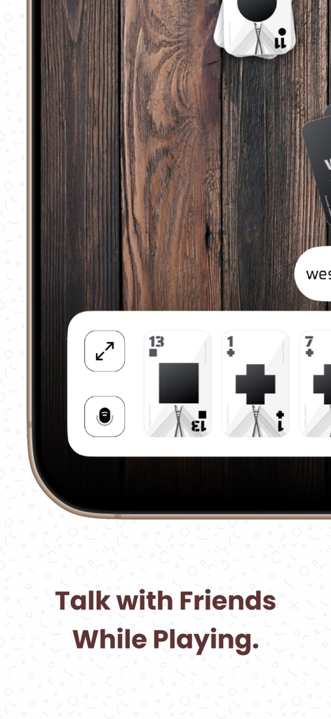 Whotnite - Play Whot Online - A screenshot of the Whotnite mobile card game showing a hand of cards and a microphone icon for the social voice chat feature