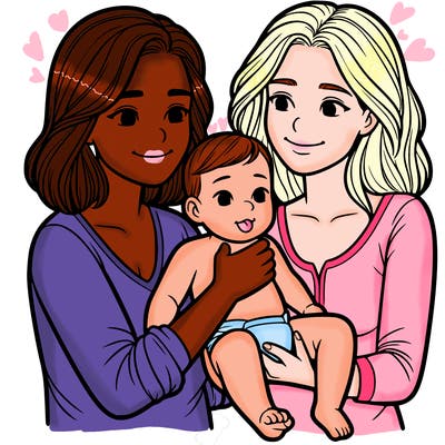 two realistic women holding one baby together