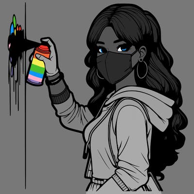 realistic girl with mask spray painting a wall