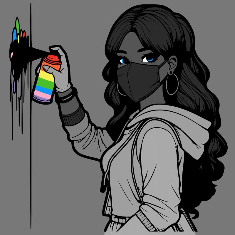 realistic girl with mask spray painting a wall