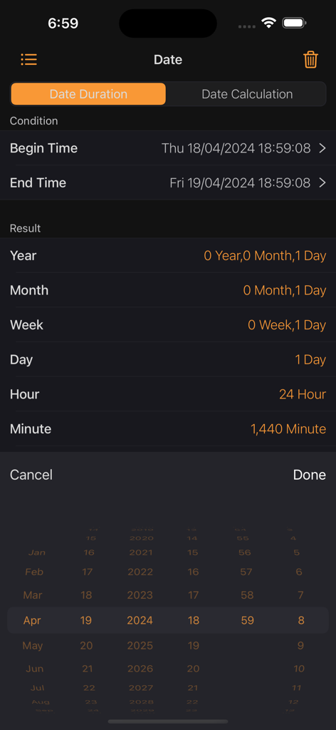 Smart-Calculator Pro - Interfaz de Smart Calculator Pro que muestra una herramienta de duración de fechas calculando la diferencia de tiempo entre dos fechas en múltiples unidades.