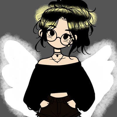 girl with a messy ponytail glasses a baggy crop top and jean shorts