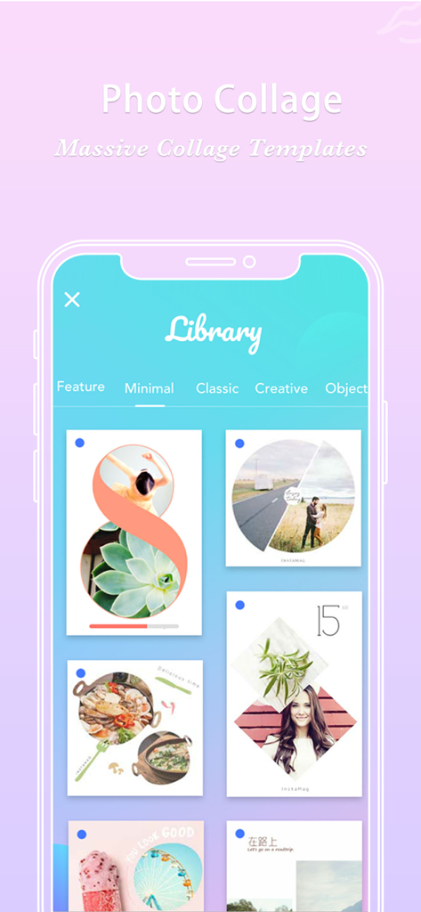Schermata dello smartphone che mostra la libreria di collage fotografici di FotoRus con diversi modelli artistici