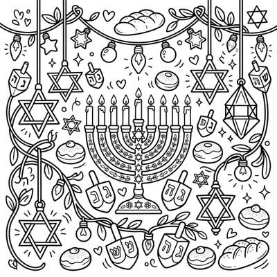 Celebrate the Festival of Lights with this delightful Hanukkah coloring page, filled with traditional symbols and radiant lighting fixtures. It's a perfect activity to get into the holiday spirit and express your creativity.